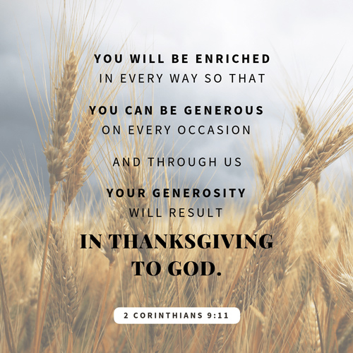2 Corinthians Verse 9:11 about generosity with wheat in the background
