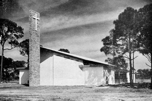 Black and white photo of the church exterior in 1954